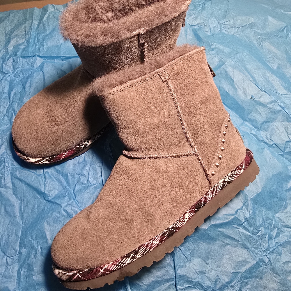 UGG Brown Suede Boots with Plaid Detail